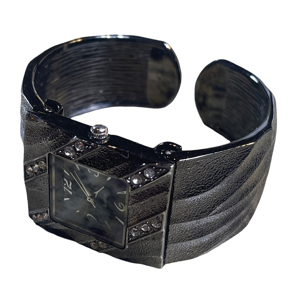 Elegant Black & Silver Rhinestone Cuff Bangle Watch | Japan Movt